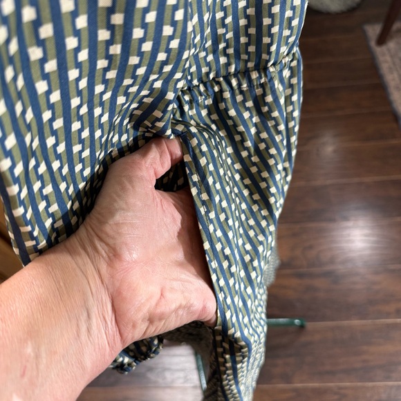 J. McLaughlin Green Blue Geometric Silk Shirt Dress Drawstring Waist L - Picture 6 of 13